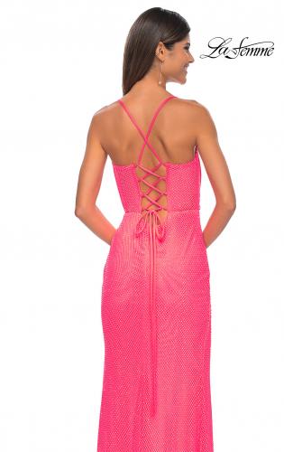 Picture of: Fishnet Rhinestone Fitted Dress with Bustier Top and High Neckline in Neon Pink, Style: 32227, Detail Picture 8