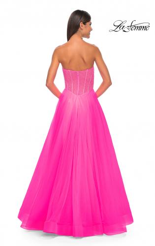Picture of: Neon A-Line Tulle Prom Dress with Rhinestone Fishnet Bodice in Neon Pink, Style: 32445, Detail Picture 8