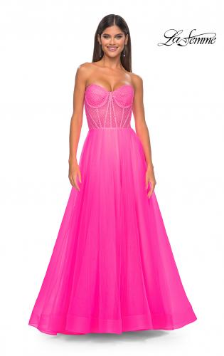 Picture of: Neon A-Line Tulle Prom Dress with Rhinestone Fishnet Bodice in Neon Pink, Style: 32445, Detail Picture 9
