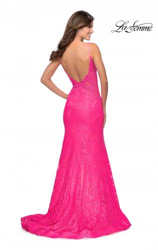 Picture of: Long Mermaid Lace Dress with Back Rhinestone Detail in Neon Pink, Style: 28355, Detail Picture 12