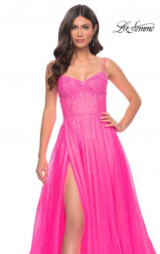 Picture of: Rhinestone A-Line Tulle Prom Dress with Illusion Bodice in Pink, Style: 32146, Detail Picture 14