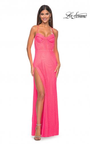 Picture of: Fishnet Rhinestone Fitted Dress with Bustier Top and High Neckline in Neon Pink, Style: 32227, Detail Picture 17