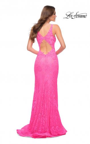 Picture of: Stretch Lace Gown with Slit and Open Keyhole Back in Neon Pink, Style 29978, Back Picture