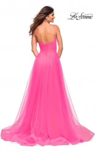 Picture of: Neon Pink Tulle A-line Prom Dress with Corset Sheer Bodice in Neon Pink, Back Picture