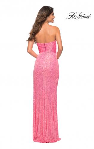 Picture of: Strapless Sequin Gown with Draped Slit in Neon Pink in Neon Pink, Back Picture
