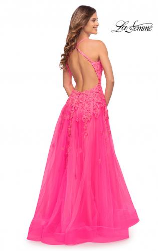 Picture of: Gorgeous Lace and Tulle Ball Gown with High Slit in Neon Pink in Neon Pink, Style: 30693, Back Picture