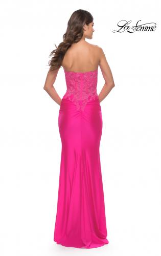 Picture of: Stunning Strapless Jeweled Lace and Jersey Dress in Neon Pink, Style: 30696, Back Picture