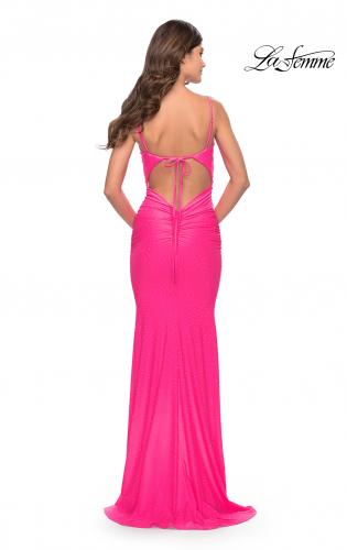 Picture of: Jeweled Modified Scoop Neck Jersey Dress with Open Back in Bright Colors in Neon Pink, Style: 31414, Back Picture