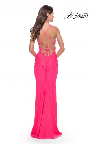 Picture of: Cut Out Long Soft Jersey Dress with Criss Cross Bodice in Neon in Neon Pink, Style: 31442, Back Picture