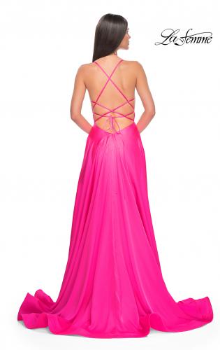 Picture of: Satin Gown with Sheer Rhinestone Bodice in Neon in Neon Pink, Style: 31448, Back Picture