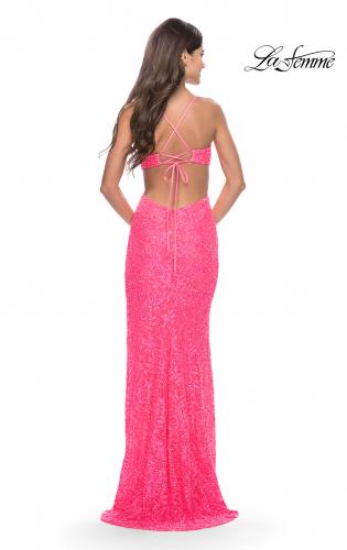 Picture of: Beaded Lace Prom Dress with Side Cutouts and Slit in Neon Pink, Style: 31568, Back Picture