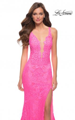 Picture of: Stretch Lace Gown with Slit and Open Keyhole Back in Neon Pink, Style 29978, Detail Picture 1