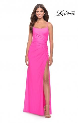 Picture of: Elegant Jersey Dress with Ruching and Square Neckline in Neon in Neon Pink, Style: 31329, Detail Picture 1