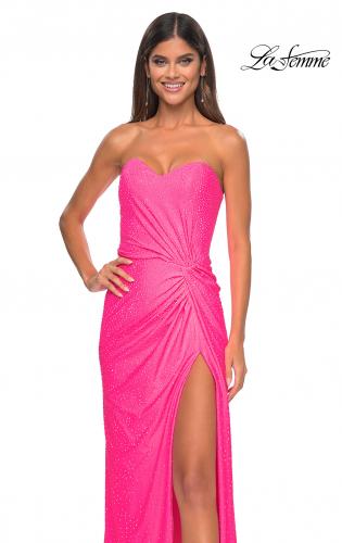 Picture of: Strapless Fitted Rhinestone Embellished Gown with Knot Detail in Neon Pink, Style: 32175, Detail Picture 1