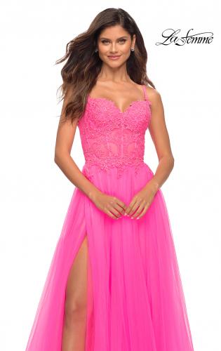 Picture of: Neon Pink Tulle and Lace Ballgown with Illusion Bodice in Neon Pink, Detail Picture 2