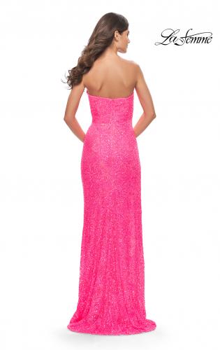 Picture of: Beaded Lace Strapless Dress with High Side Slit in Neon Pink, Style: 31351, Detail Picture 2