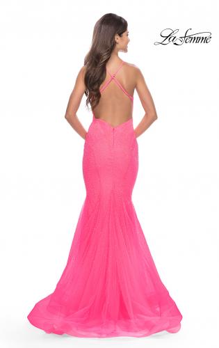 Picture of: Mermaid Rhinestone Tulle Gown with Open Back in Neon in Neon Pink, Style: 31407, Detail Picture 2