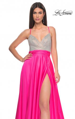 Picture of: Satin Gown with Sheer Rhinestone Bodice in Neon in Neon Pink, Style: 31448, Detail Picture 2