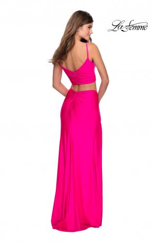 Picture of: Two Piece Long Prom Dress with Ruched Detailing in Neon Pink, Style: 28472, Detail Picture 3