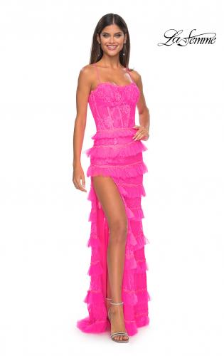 Picture of: Fitted Ruffle Skirt Lace Dress with Illusion Bodice in Neon Pink, Style: 32442, Detail Picture 3