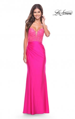 Picture of: Long Dress with Jersey Skirt and Lace Illusion Bodice in Neon in Neon Pink, Style: 31411, Detail Picture 4