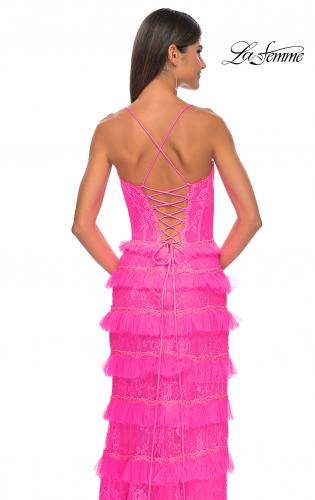 Picture of: Fitted Ruffle Skirt Lace Dress with Illusion Bodice in Neon Pink, Style: 32442, Detail Picture 4