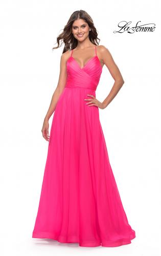 Picture of: Chiffon Prom Dress with Ruched Bodice and Slit in Neon Pink, Style: 30840, Detail Picture 5