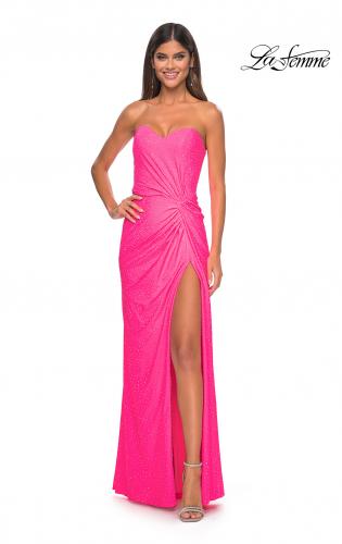 Picture of: Strapless Fitted Rhinestone Embellished Gown with Knot Detail in Neon Pink, Style: 32175, Detail Picture 5