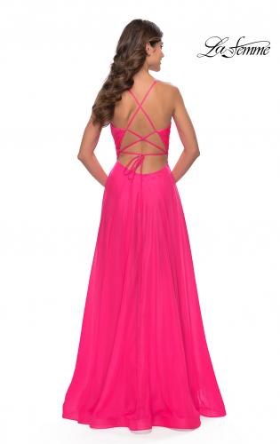 Picture of: Chiffon Prom Dress with Ruched Bodice and Slit in Neon Pink, Style: 30840, Detail Picture 6