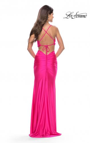 Picture of: Neon Prom Dress with Side Cutouts and Open Tie Back in Neon Pink, Style: 31400, Detail Picture 6