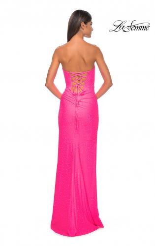 Picture of: Strapless Fitted Rhinestone Embellished Gown with Knot Detail in Neon Pink, Style: 32175, Detail Picture 6