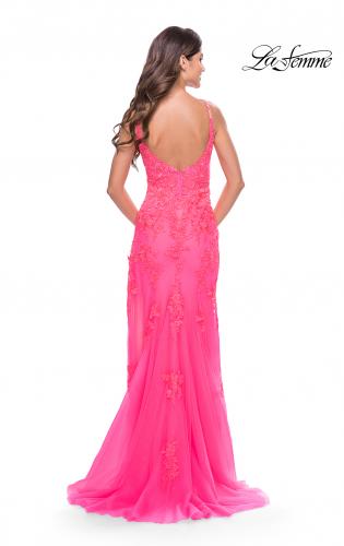 Picture of: Lace Long Dress with High Side Slit and V Neckline in Neon Pink, Style: 31125, Detail Picture 7