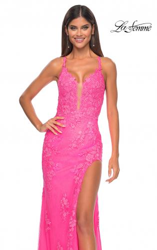 Picture of: Lace Fitted Dress with Deep V Neckline and Lace Applique in Neon Pink, Style: 32205, Detail Picture 7