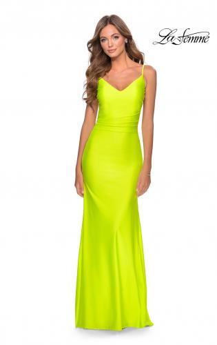 Picture of: Form Fitting Jersey Dress with Fully Open Back in Neon Yellow, Style: 28287, Detail Picture 5