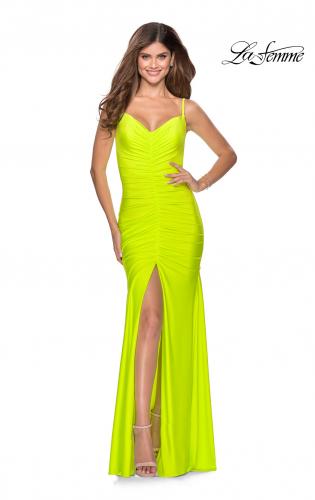 Picture of: Neon Ruched Prom Gown with Center Slit in Neon Yellow, Style: 28891, Detail Picture 5