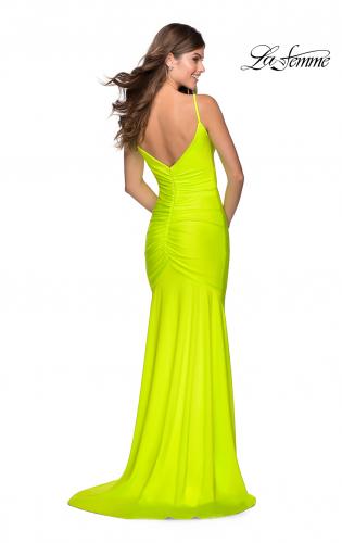 Picture of: Neon Ruched Prom Gown with Center Slit in Neon Yellow, Style: 28891, Detail Picture 6