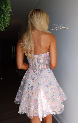 Picture of: Strapless Floral Applique Mini Dress in Nude, Style 33284, Back Picture