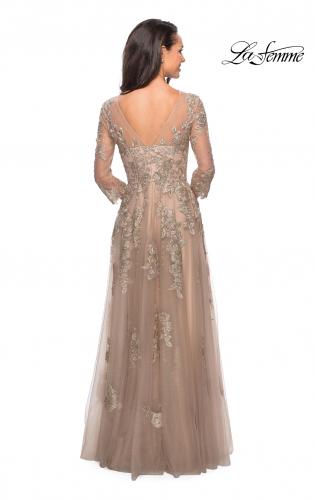 Picture of: Long Lace Dress with Sheer Three Quarter Sleeves in Nude, Style: 27733, Back Picture