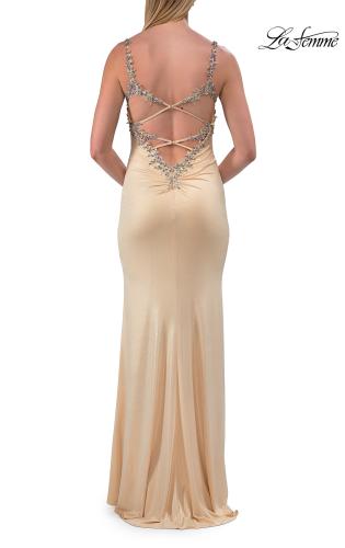 Picture of: Metallic Jersey Gown with Beaded Straps and Lace-Up Back in Nude, Style: 33664, Detail Picture 12