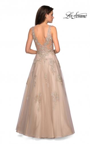 Picture of: Sheer Bodice Prom Dress with Floral Embellishments in Nude, Style: 27647, Back Picture