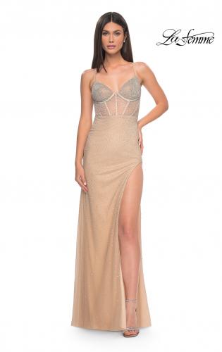 Picture of: Rhinestone Embellished Fitted Dress with Illusion Bustier Top in Nude, Style: 32435, Detail Picture 1