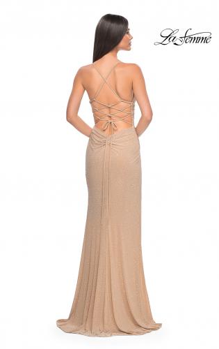 Picture of: Ruched Rhinestone Net Jersey Dress with Lace Up Open Back in Nude, Style: 32318, Detail Picture 2