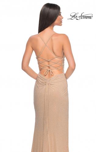 Picture of: Ruched Rhinestone Net Jersey Dress with Lace Up Open Back in Nude, Style: 32318, Detail Picture 7