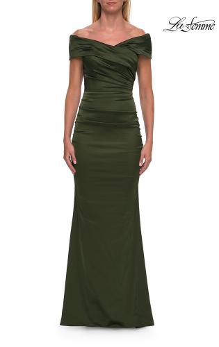 Picture of: Off-the-Shoulder Ruched Satin Evening Gown in Olive, Style: 33620, Main Picture
