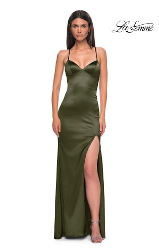 Picture of: Fitted Simple Satin Prom Dress with Lace Up Back in Olive , Style 33010, Detail Picture 1
