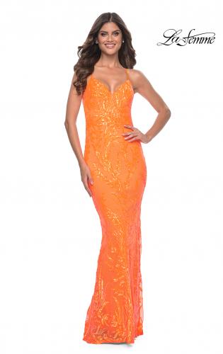 Picture of: Neon Fitted Print Sequin Pastel Prom Dress in Orange, Style: 32343, Main Picture