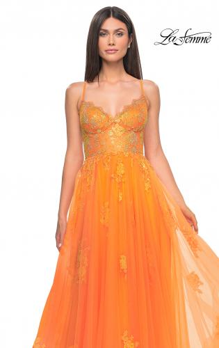 Picture of: A-Line Tulle Gown with Scallop Detail Bodice and Lace Applique in Orange, Style: 32028, Detail Picture 11