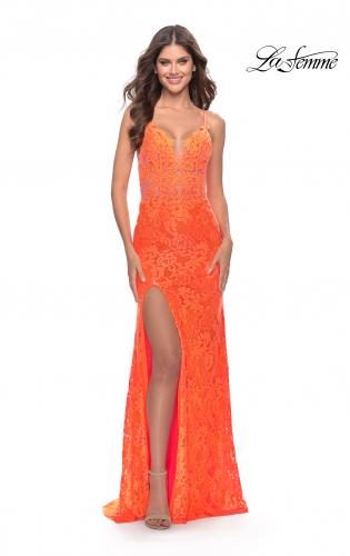 Picture of: Stretch Lace Prom Dress in Neon Pink in Orange, Style: 29987, Detail Picture 3