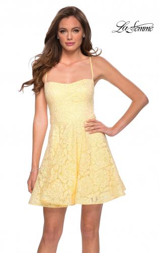 Picture of: Lace Fit and Flare Homecoming Dress with Rhinestones in Pale Yellow, Style: 29273, Main Picture