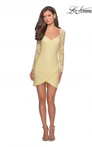Picture of: Long Sleeve Lace Short Dress with Sheer Back Detail in Pale Yellow, Style: 28232, Detail Picture 10